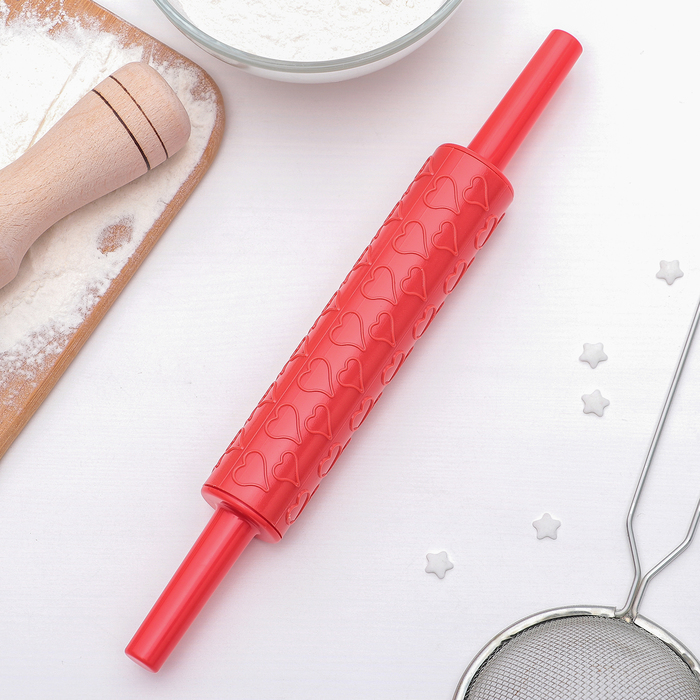 Скалка фактурная кондитерская "Сердечки" 25х3 см, рабочая поверхность 14 см