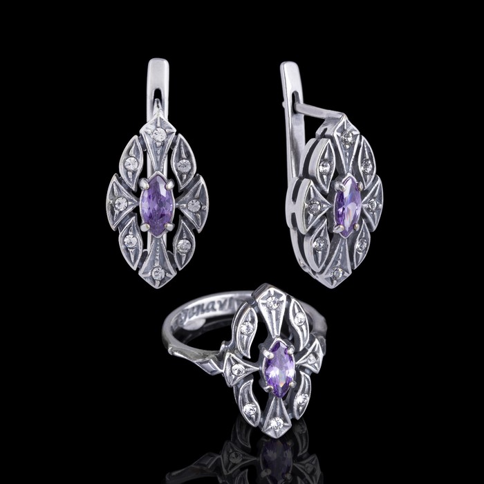 Гарнитур "Маркиза", размер 19, цвет фиолетовый в чернёном серебре