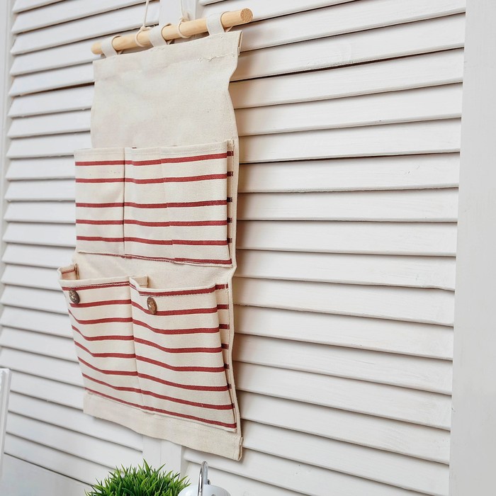 Органайзер на верёвке, 5 отделов, без хлястика, хлопок, белый в полоску, 1х35х44 см