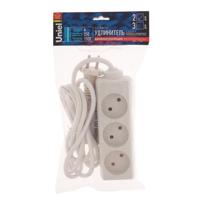 Удлинитель Uniel серии General purpose, шнур 2 м, 3 гнезда, без з/к, белый, S-CP3-2