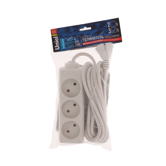 Удлинитель Uniel серии General purpose, шнур 3 м, 3 гнезда, без з/к, белый, S-CP3-3