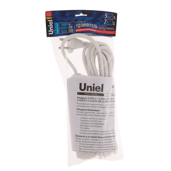 Удлинитель Uniel серии General purpose, шнур 5 м, 3 гнезда, без з/к, белый, S-CP3-5