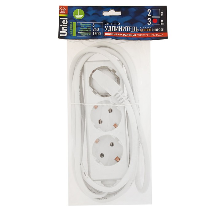 Удлинитель Uniel серии General purpose, шнур 3 м, 3 гнезда, з/к, белый, S-GCP3-3