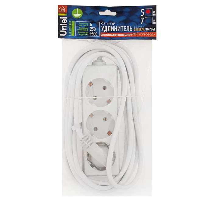 Удлинитель Uniel серии General purpose, шнур 5 м, 3 гнезда, з/к, белый, S-GCP3-5