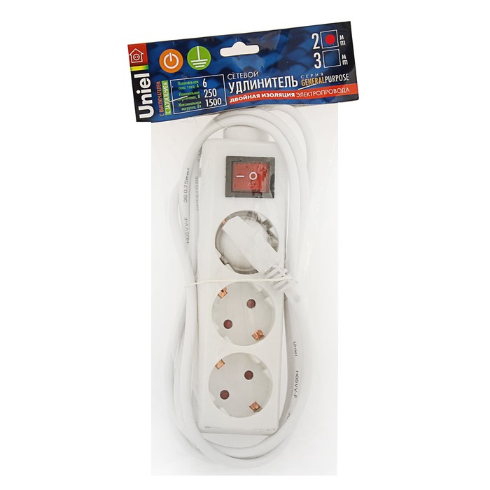 Удлинитель Uniel серии General purpose, шнур 2 м, 3 гнезда, з/к, выкл., белый, S-GCP3-2B