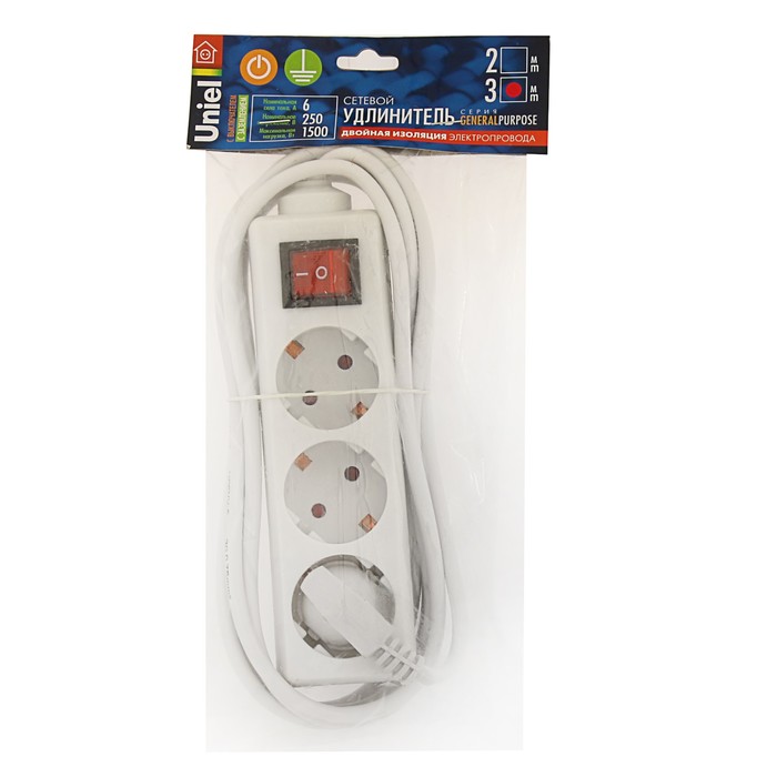 Удлинитель Uniel серии General purpose, шнур 3 м, 3 гнезда, з/к, выкл., белый, S-GCP3-3B