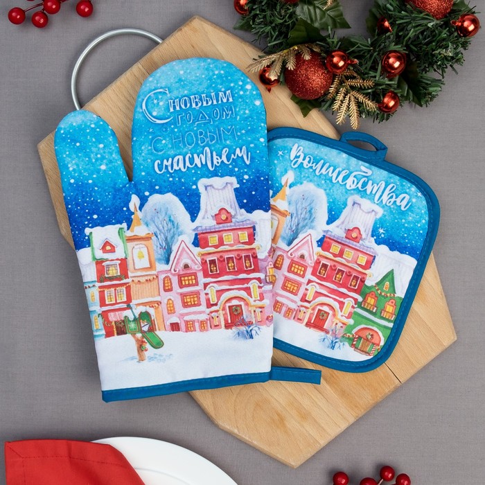 Кух.набор "Городок" варежка 20х27см,прихватка17х17см,35% х/л,65% п/э,ватин 250г/м2