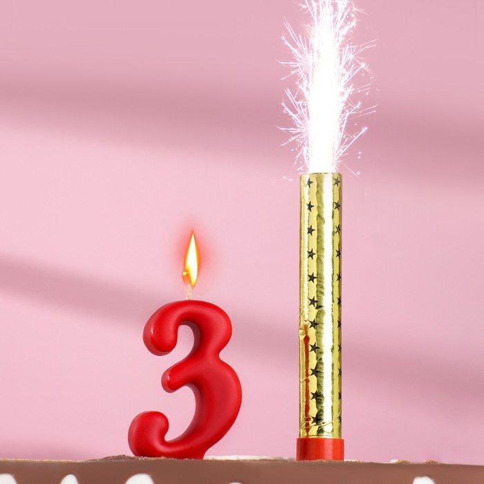 Свеча для торта цифра Овал красная 3 + фонтан