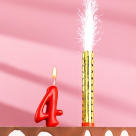 Свеча для торта цифра 'Овал' красная '4' + фонтан Ош