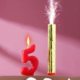 Свеча для торта цифра 'Овал' красная '5' + фонтан Ош
