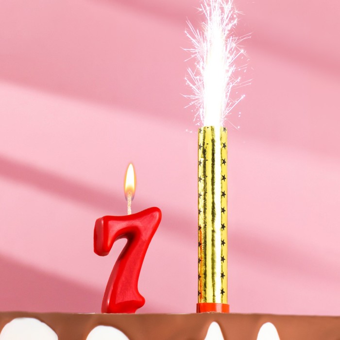 Свеча для торта цифра Овал красная 7 + фонтан свеча для торта цифра овал фонтан золотая 5