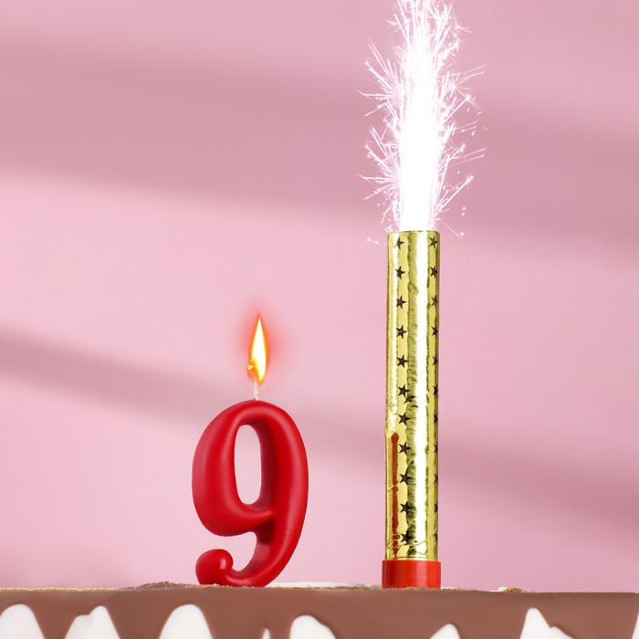 Свеча для торта цифра Овал красная 9 + фонтан свеча для торта цифра овал фонтан золотая 9