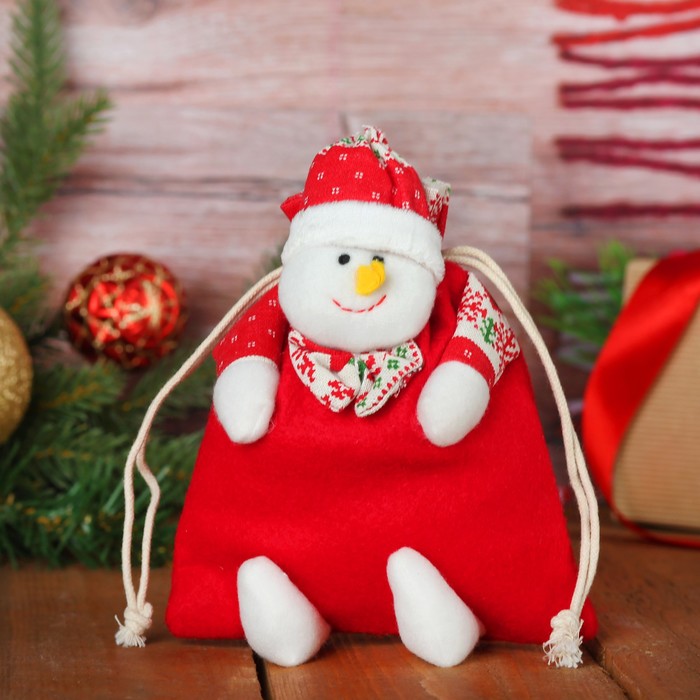 Мешочек для подарков "Улыбчивый снеговичок" на завязках, цвета МИКС