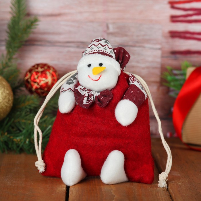 Мешочек для подарков "Улыбчивый снеговичок" на завязках, цвета МИКС