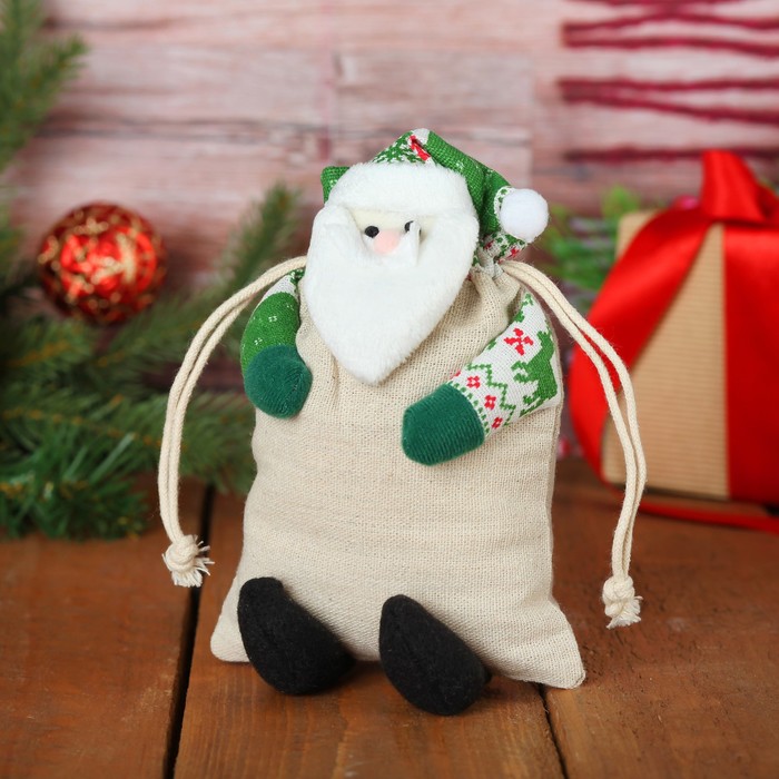 Мешочек для подарков "Дед Мороз" на завязках, цвета МИКС