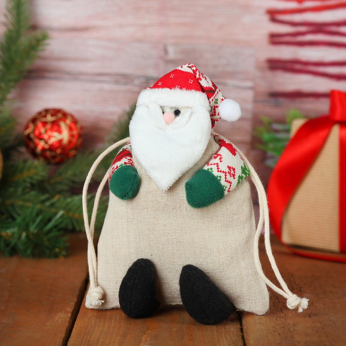 Мешочек для подарков "Дед Мороз" на завязках, цвета МИКС