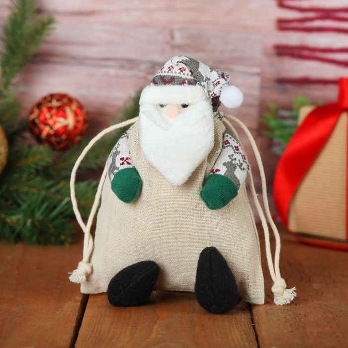 Мешочек для подарков "Дед Мороз" на завязках, цвета МИКС