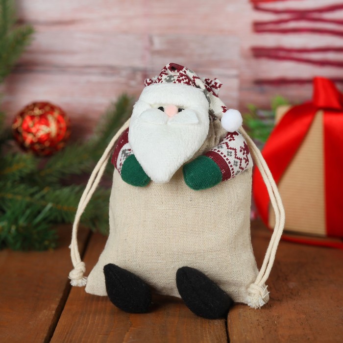 Мешочек для подарков "Дед Мороз" на завязках, цвета МИКС