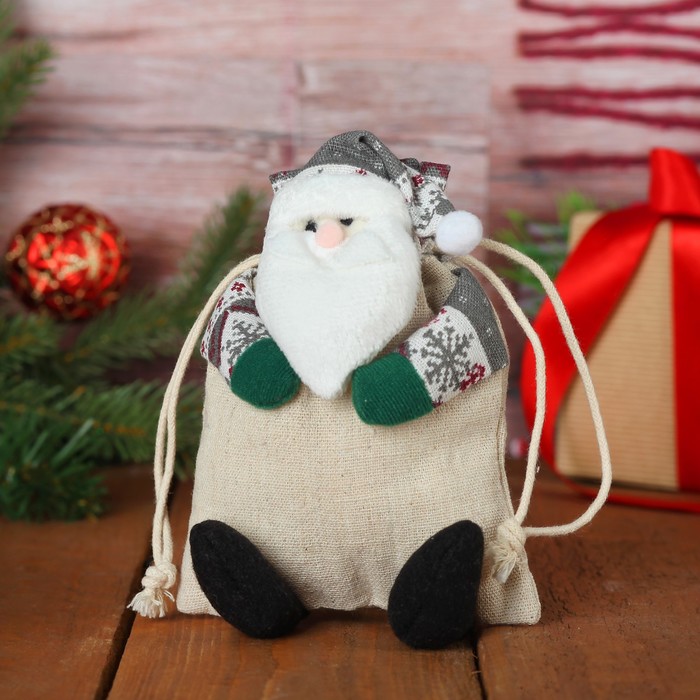 Мешочек для подарков "Дед Мороз" на завязках, цвета МИКС