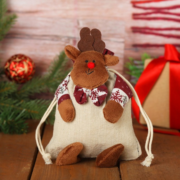 Мешочек для подарков "Олень в бабочке" на завязках, цвета МИКС