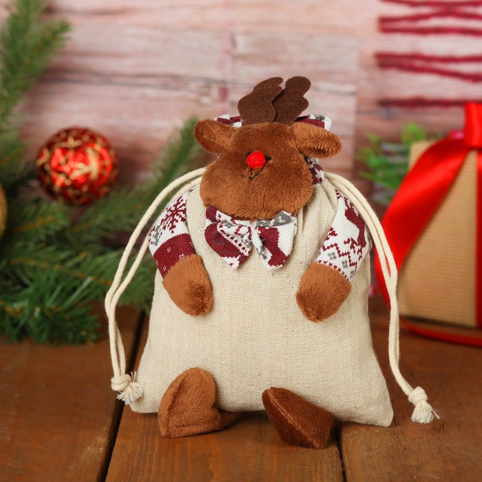 Мешочек для подарков "Олень в бабочке" на завязках, цвета МИКС