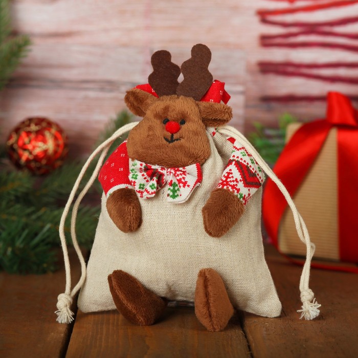 Мешочек для подарков "Олень в бабочке" на завязках, цвета МИКС