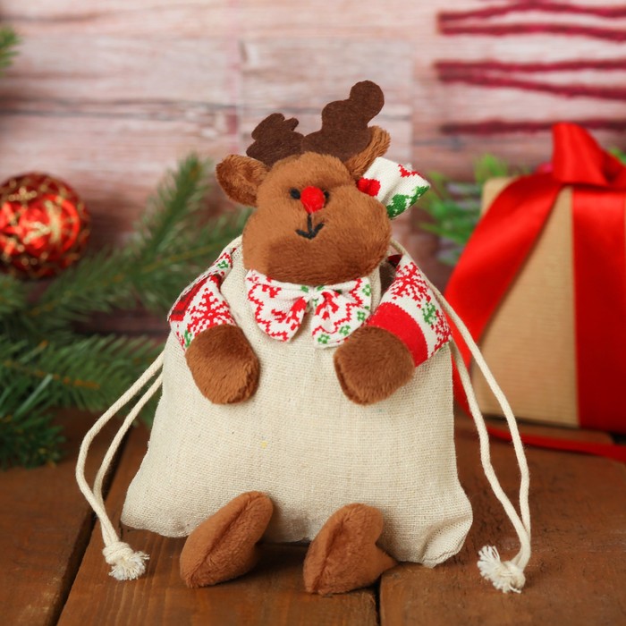 Мешочек для подарков "Олень в бабочке" на завязках, цвета МИКС