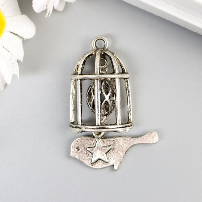 Декор металл для творчества "Клетка с птицей" серебро (А12688) 4,3х2,8 см