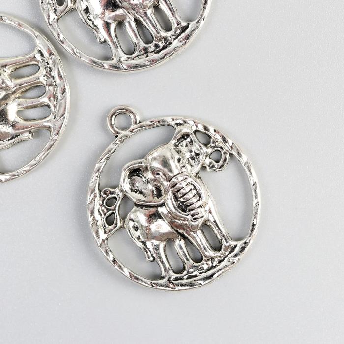 Декор металл для творчества "Слон в круге" серебро (А30001) 3,2х2,8 см