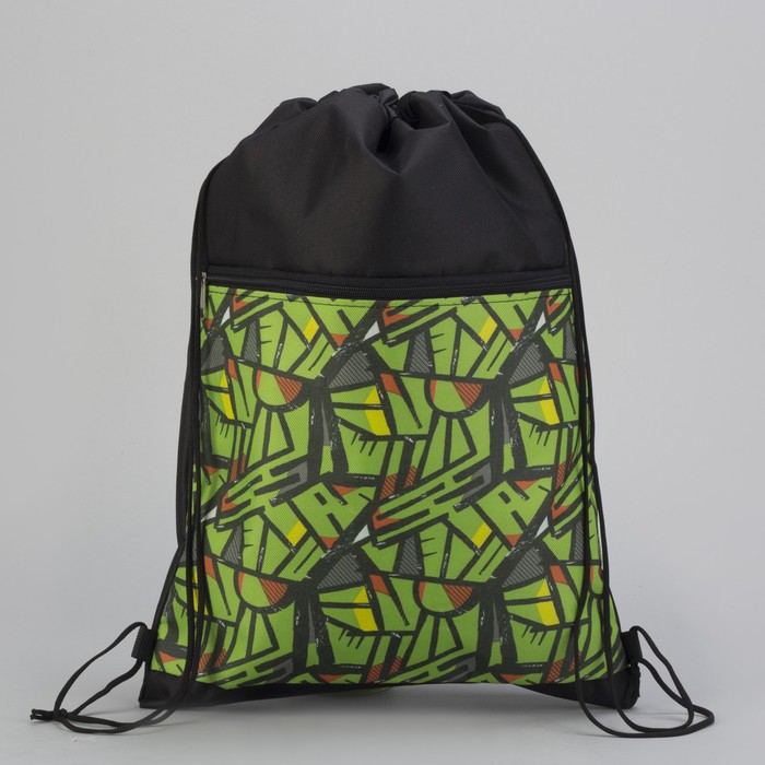 Сумка-мешок для обуви «Ромбы», наружный карман на молнии, цвет чёрный/салатовый