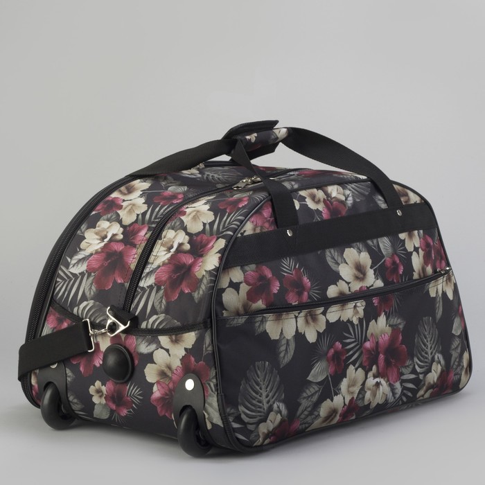 Сумка дорожная на колёсах «Цветы», 1 отдел, 3 наружных кармана, ремень, цвет чёрный/бордовый