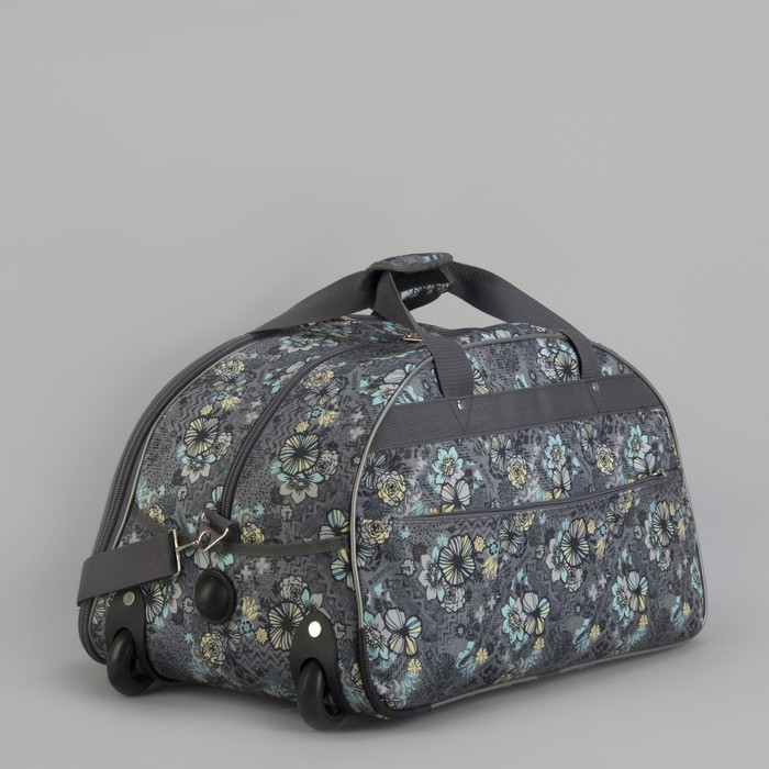 Сумка дорожная на колёсах «Цветы», 3 наружных кармана, цвет серый/бирюзовый
