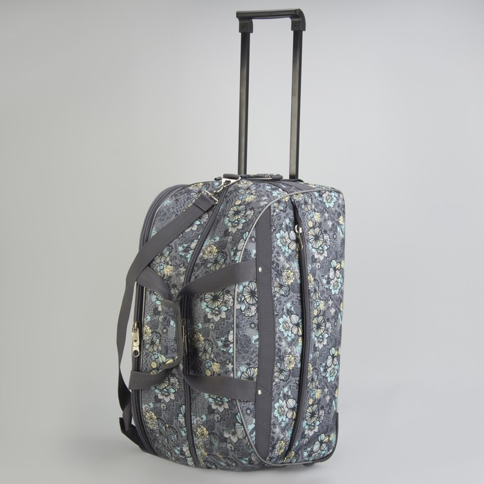 Сумка дорожная на колёсах «Цветы», 3 наружных кармана, цвет серый/бирюзовый