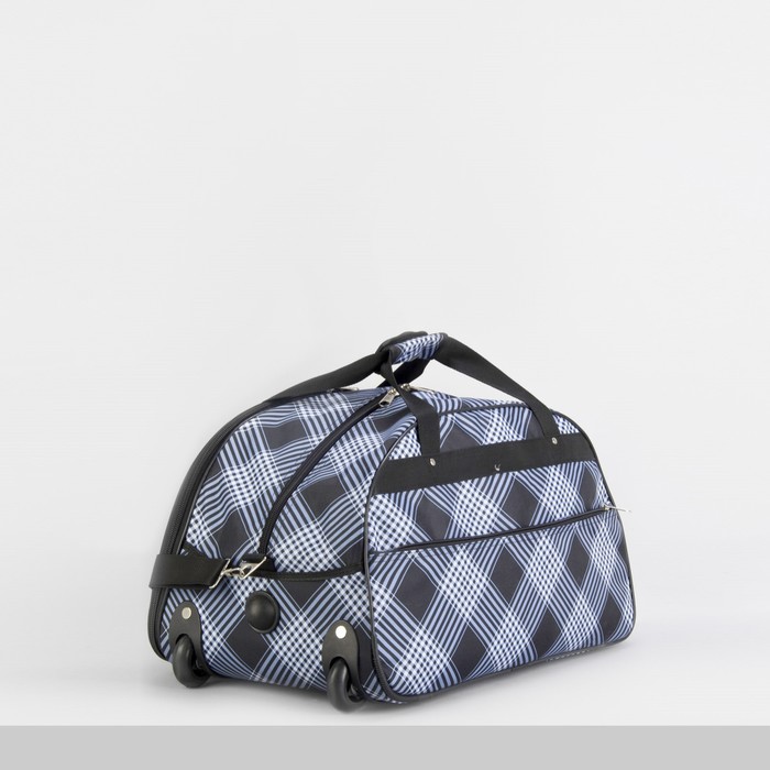 Сумка дорожная на колёсах «Клетка», 3 наружных кармана, цвет чёрный/голубой/белый