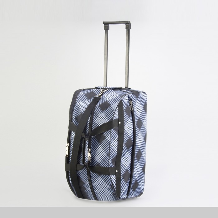 Сумка дорожная на колёсах «Клетка», 3 наружных кармана, цвет чёрный/голубой/белый