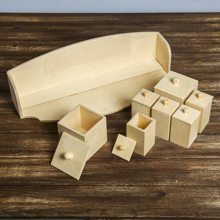 Полка д/специй"7 гномов"из фанеры 53х19,5х16 см (Короба 10х10х10 и 6х6х10 см) н-р 8 предм.