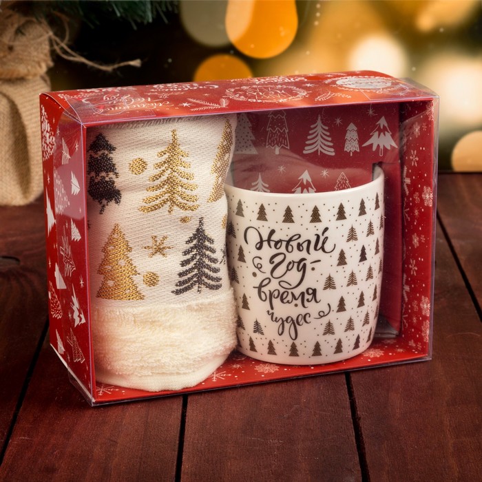 Подарочный набор "Время чудес" кружка 350 мл, полотенце 30х70 см