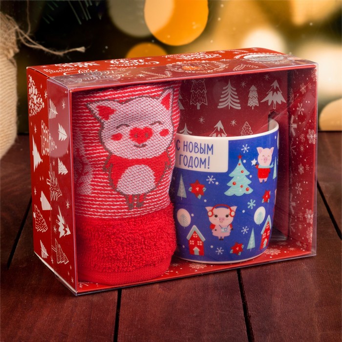 Подарочный набор "Поросята" кружка 350 мл, полотенце 30х70 см