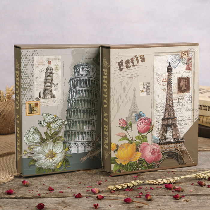 Фотоальбом на 100 фото 10х15 см "Башня и цветы" в коробке МИКС 26,5х20,5х5,5 см