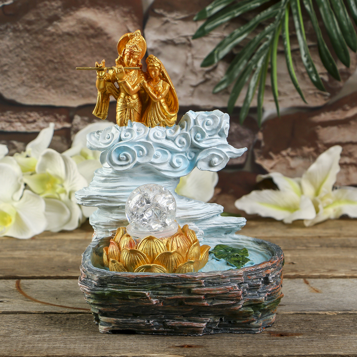 Фонтан полистоун подсветка+курительница "Шива и Парвати в золоте" от 220В 25,5х20,5х17 см