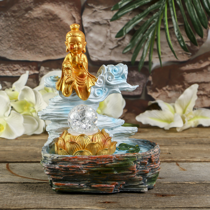 Фонтан полистоун подсветка+курительница "Маленькая Лакшми в золоте" от 220В 25,5х20,5х17см