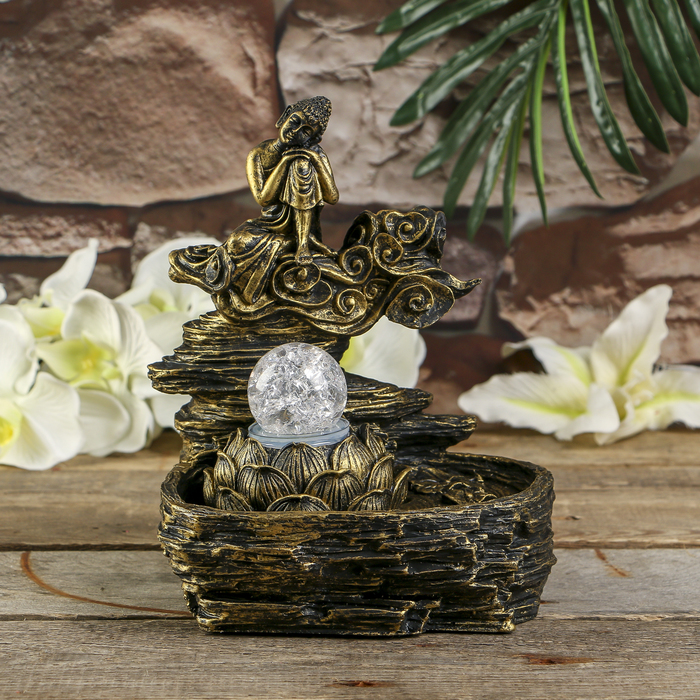 Фонтан полистоун подсветка+курительница "Бронзовый будда" от 220В 25,5х20,5х17 см