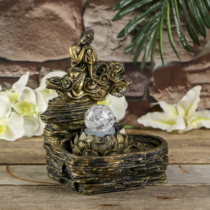 Фонтан полистоун подсветка+курительница "Бронзовый будда" от 220В 25,5х20,5х17 см