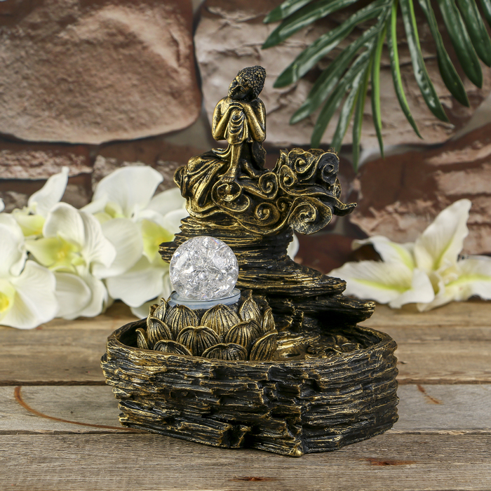 Фонтан полистоун подсветка+курительница "Бронзовый будда" от 220В 25,5х20,5х17 см