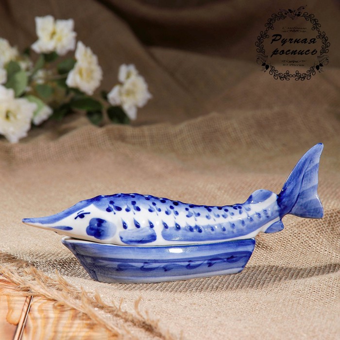 Шкатулка "Осётр", гжель, фарфор, 1с