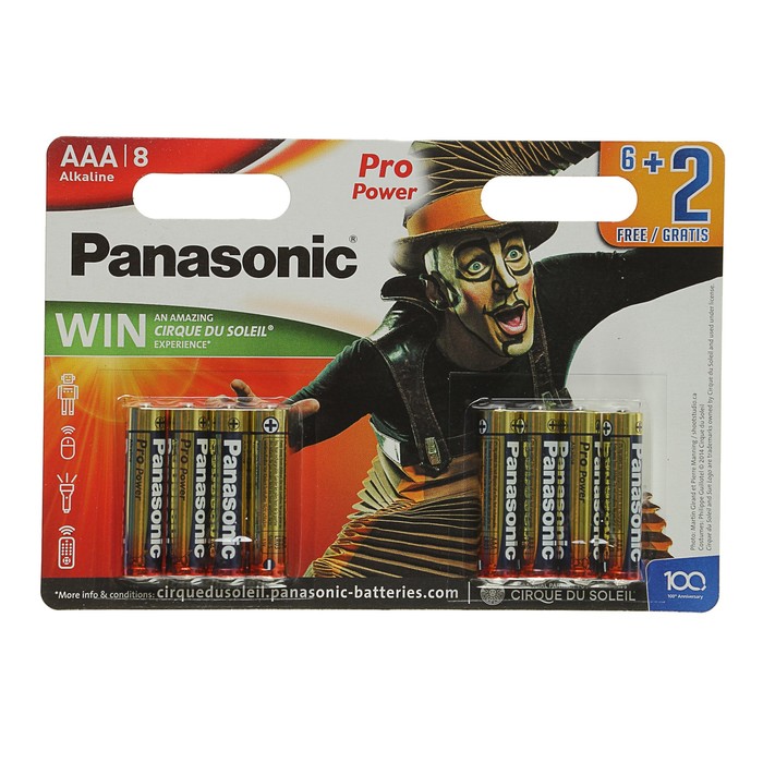 Батарейка алкалиновая Panasonic Pro Power, Цирк дю Солей, ААА, LR3-8BL, 6+2, блистер, 8 шт