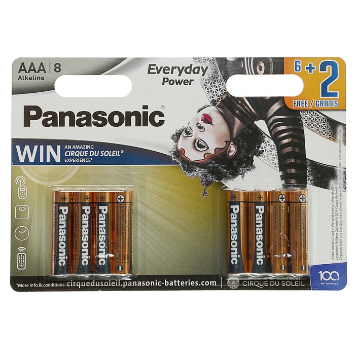Батарейка алкалиновая Panasonic Alkaline Power, Цирк дю Солей, ААА, LR3-8BL, блистер, 8 шт