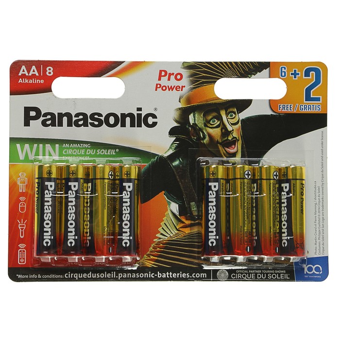 Батарейка алкалиновая Panasonic Pro Power, Цирк дю Солей, АА, LR6-8BL, 6+2, блистер, 8 шт