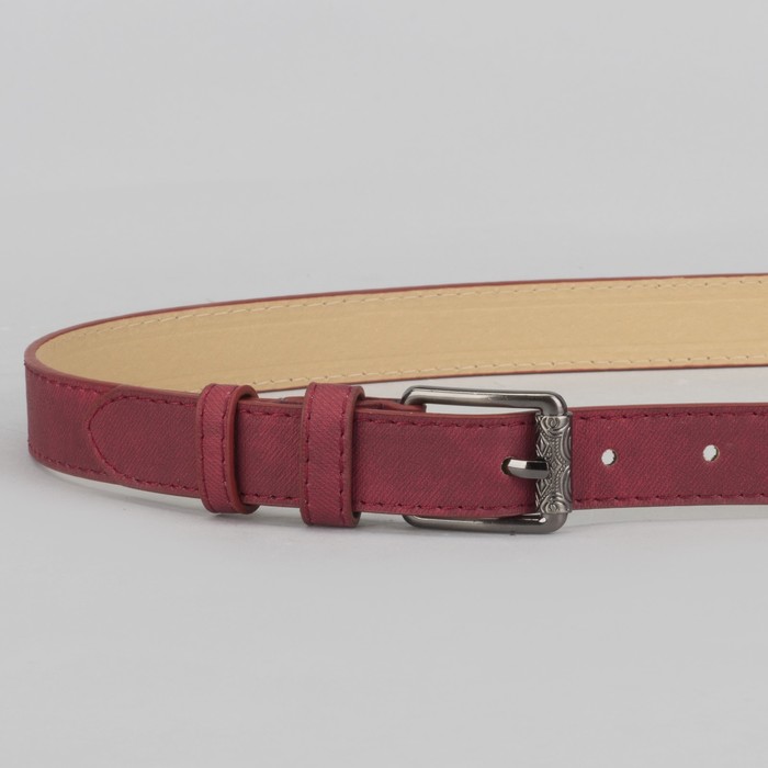 Ремень женский, джинс, 2 строчки, пряжка тёмный металл, ширина - 2,3 см, цвет бордовый