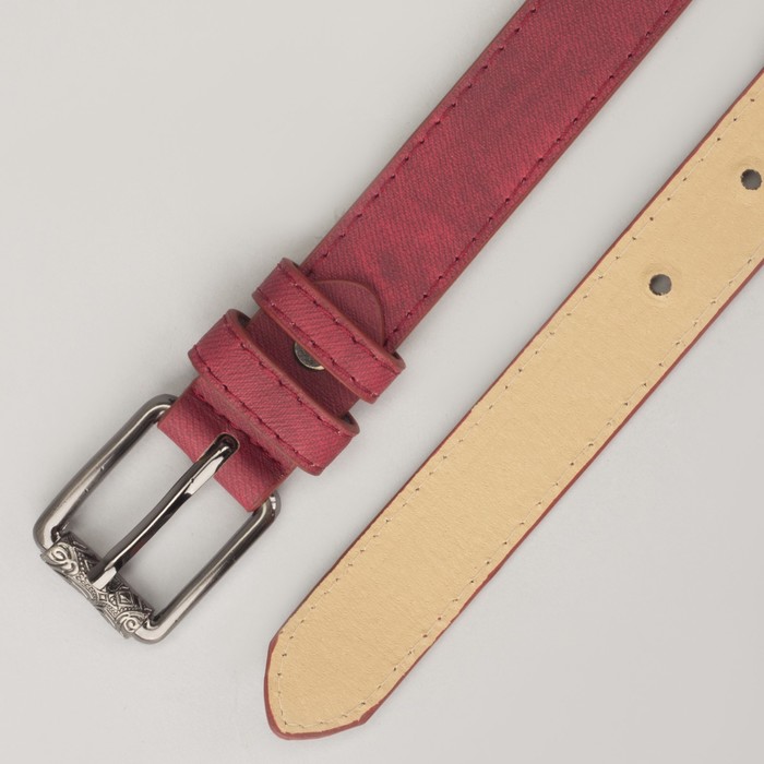 Ремень женский, джинс, 2 строчки, пряжка тёмный металл, ширина - 2,3 см, цвет бордовый